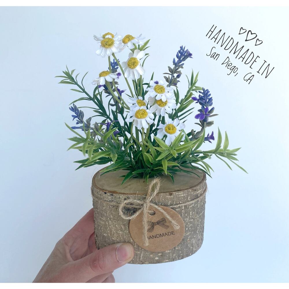 Set of 3 - Faux WildFlower Arrangement in Handmade Wood Pot - Artificial Flowers